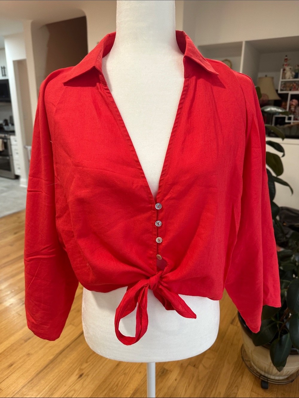 Reserved Women’s Red Tie-Front Collared Women's Top Size M